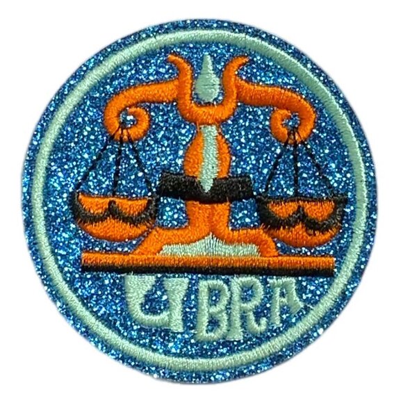 Glitter Embroidered Round Libra Zodiac Iron On Patch Blue Orange Black - Picture 1 of 5